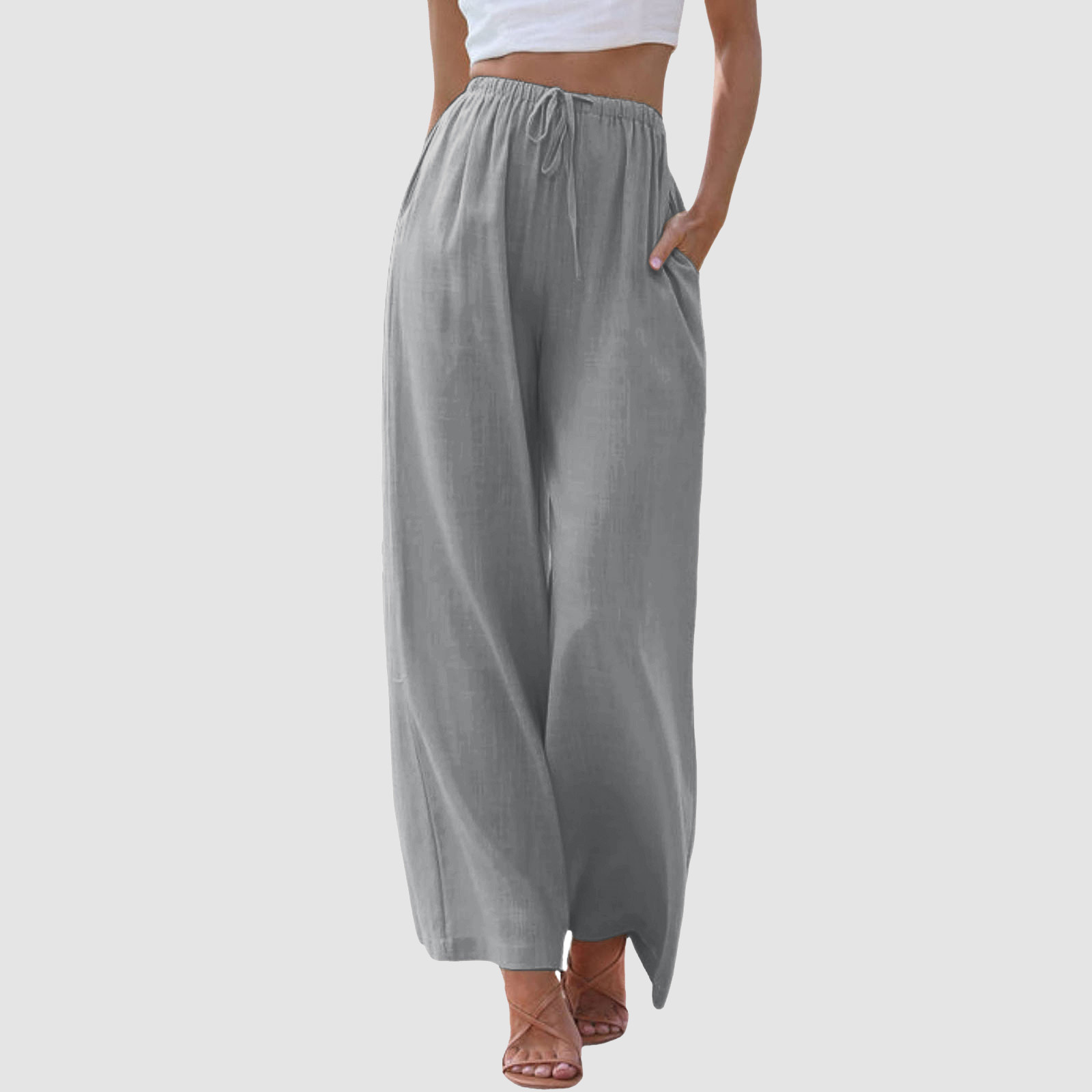 thumbnail image 2 of Pantalones de cintura alta y pierna ancha para mujer - Elástico con cordón, pierna recta cómoda, con bolsillos, 2 of 7